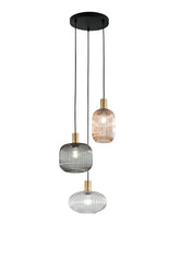 SOSPENSIONE EGADI NERO+SMOKE/AMBRA/TRASPARENTE IN METALLO E VETRO TRE PENDENTI E27 3X40W, MISURE LAMP. Dia14XH20CM, Dia20XH18CM, Dia25XH15CM MISURE STRUTT. 35x35x320CM