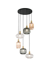 SOSPENSIONE EGADI NERO E SMOKE/AMBRA/TRASPARENTE IN METALLO E VETRO SEI PENDENTI E27 6X40W, MISURE LAMP. 2 PZ. Dia14XH20CM, 2 PZ. Dia20XH18CM, 2 PZ. Dia25XH15CM, MISURE STRUTT. 45X45X320CM