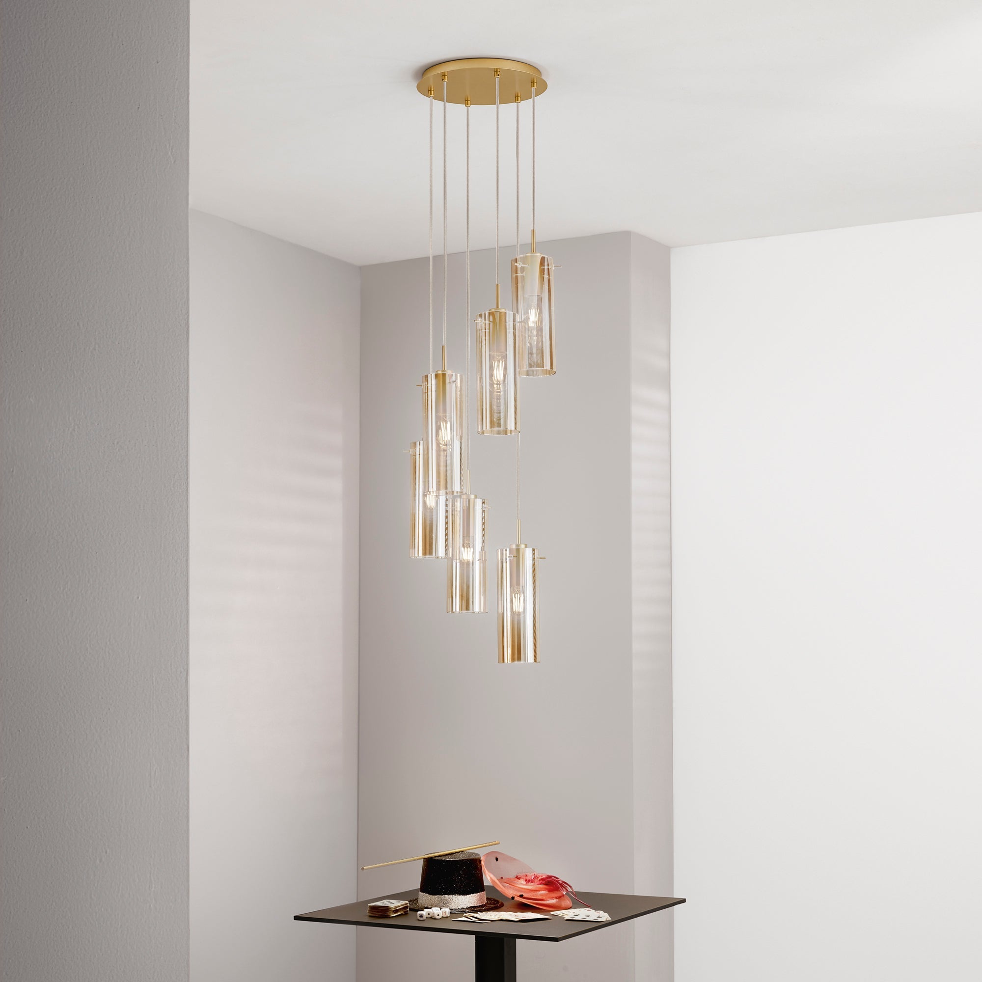 SOSPENSIONE MAGIC ORO/AMBRA 6XE27 35X35X150CM