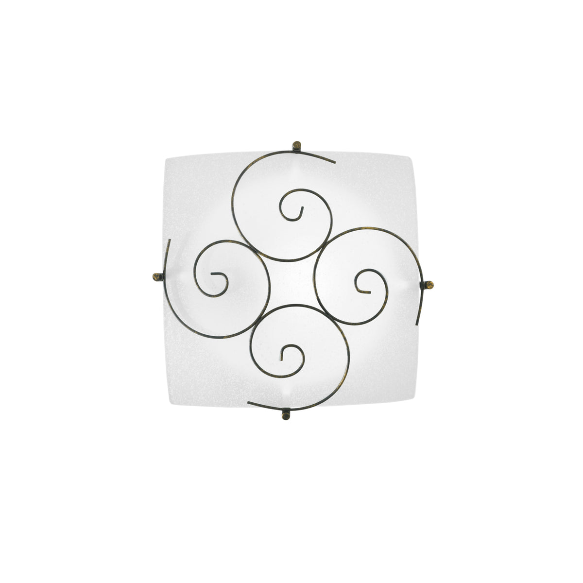"Plafoniera RICCIOLO in vetro bianco con decoro in metallo ruggine 30x30 cm."