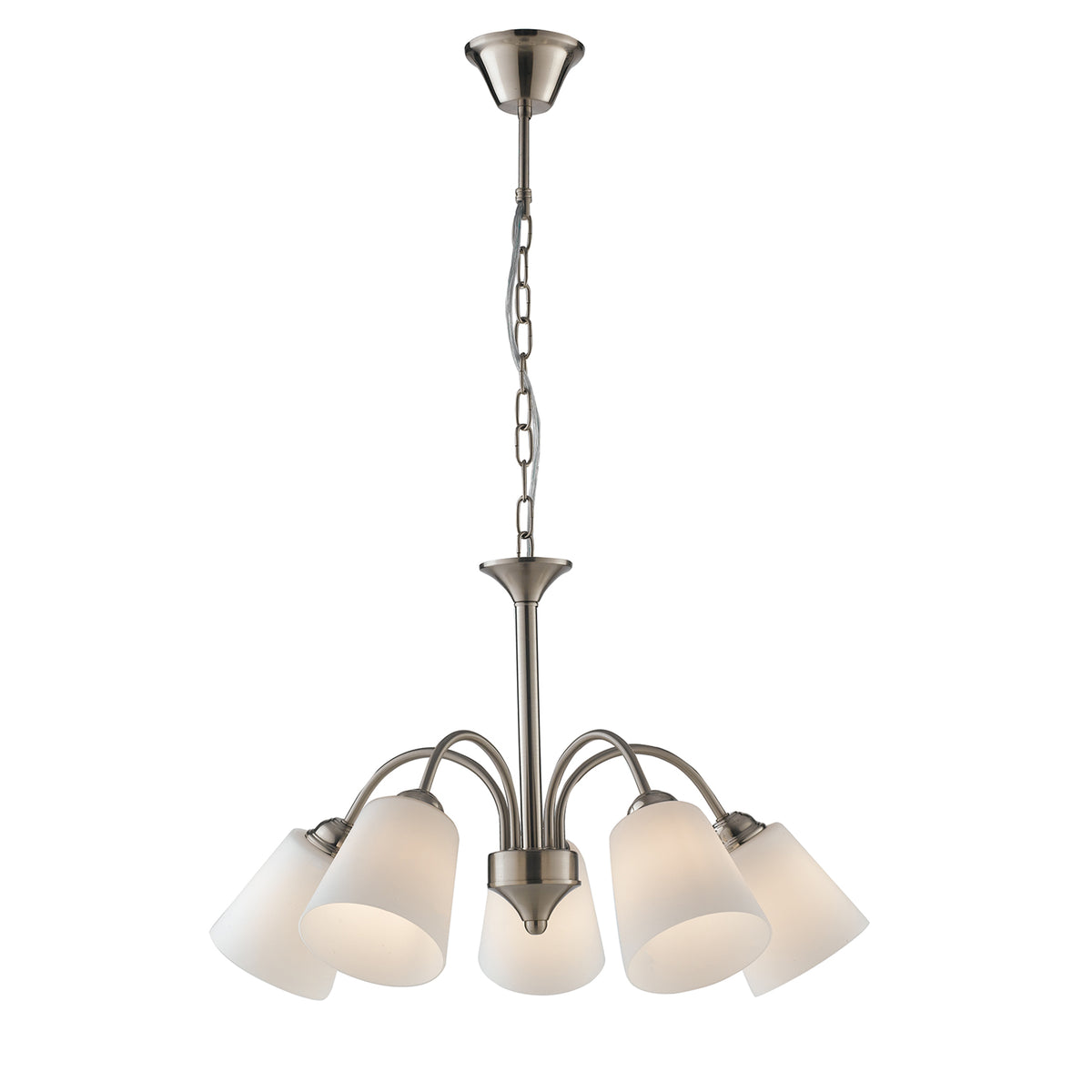 "Lampadario 1162 in metallo nichel con cinque diffusori in vetro"