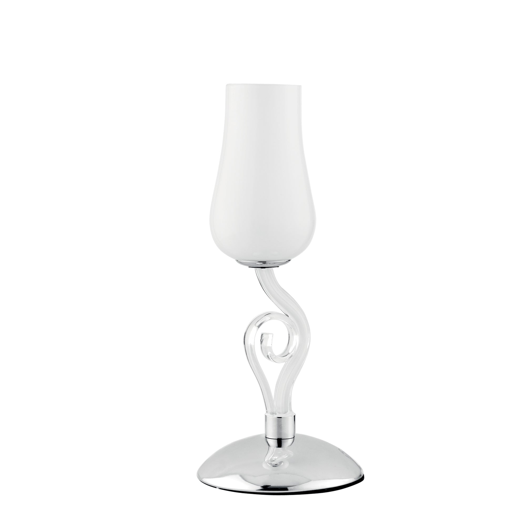 "Lampada da tavolo ANGEL in vetro bianco con dettagli cromati e trasparenti 34cm, 15 cm.Ø."