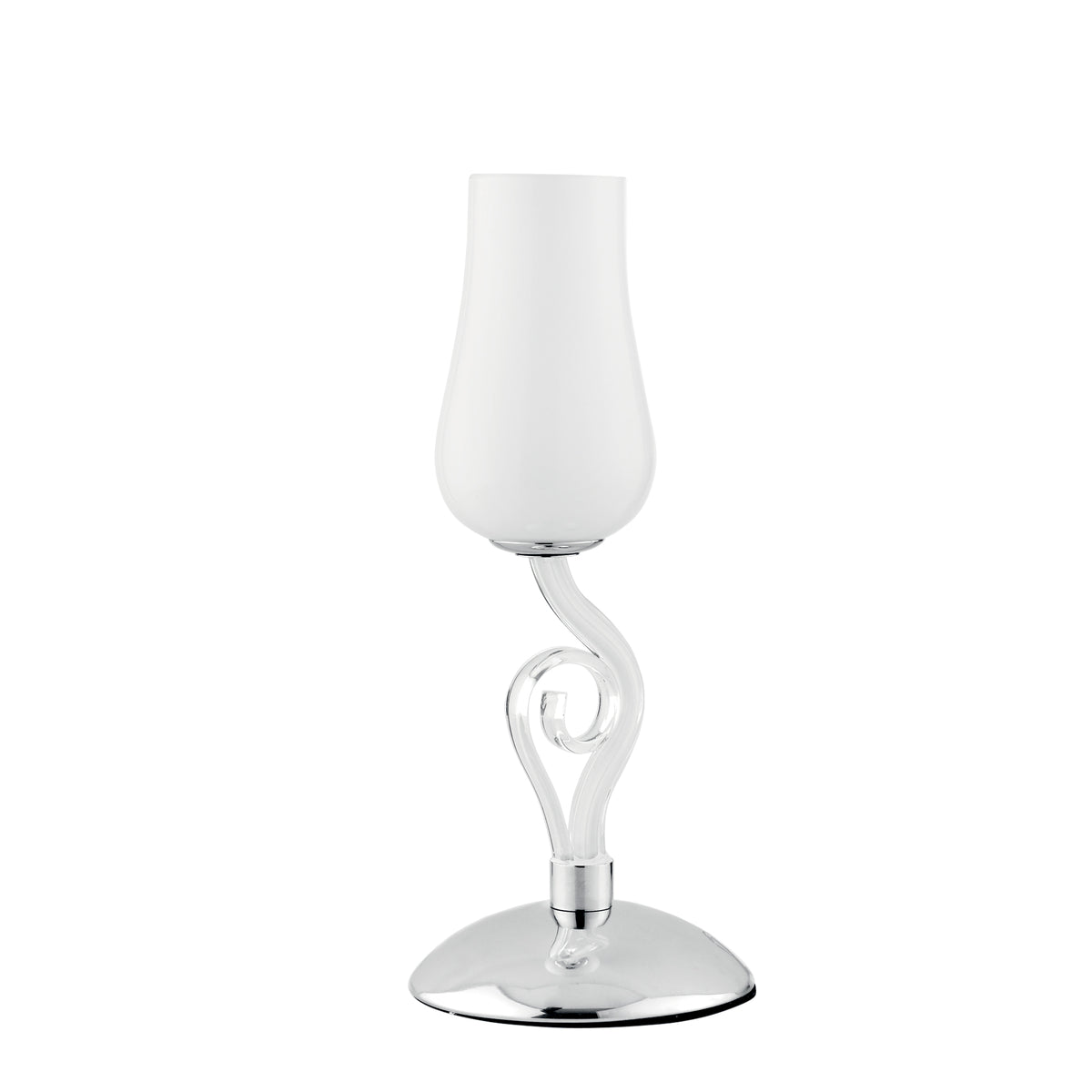 "Lampada da tavolo ANGEL in vetro bianco con dettagli cromati e trasparenti 34cm, 15 cm.Ø."