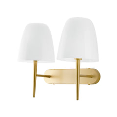 "Applique ARES con struttura in metallo oro e due diffusori in vetro bianco"