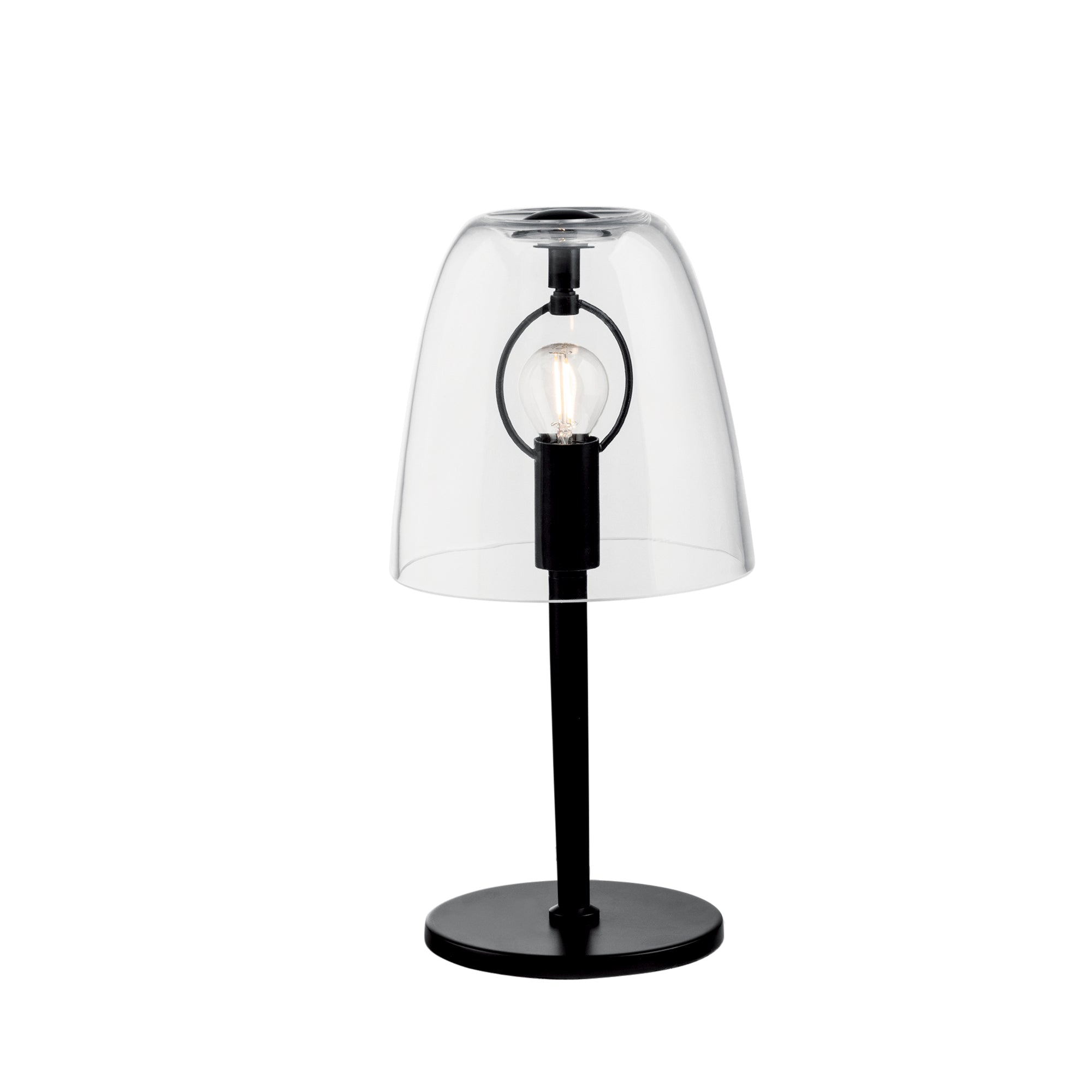 "Lampada da tavolo ARES in metallo nero e diffusore vetro trasparente 36cm, 15cm Ø."