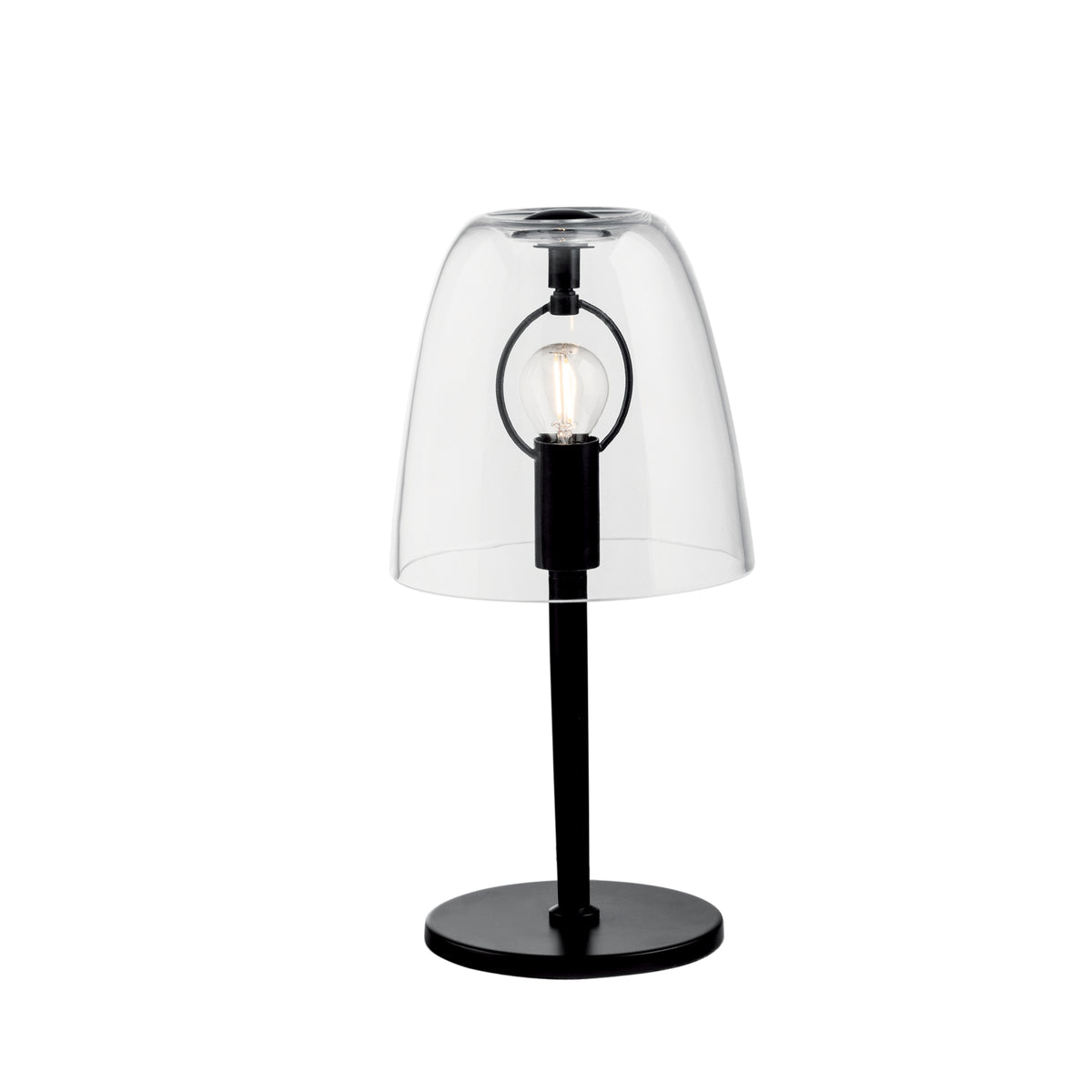 "Lampada da tavolo ARES in metallo nero e diffusore vetro trasparente 36cm, 15cm Ø."