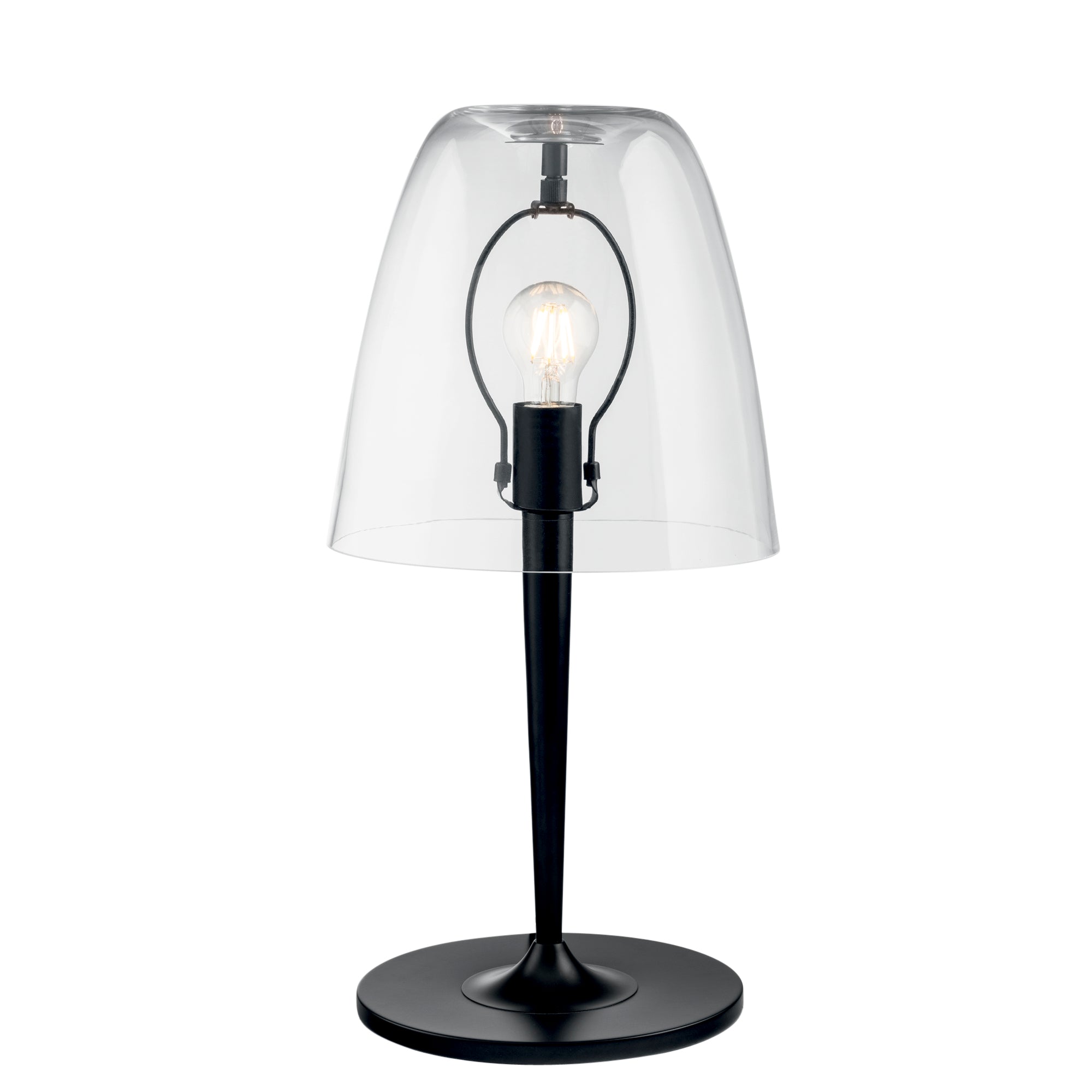 "Lampada da tavolo ARES in metallo nero e diffusore vetro trasparente 56 cm, 24cm Ø."