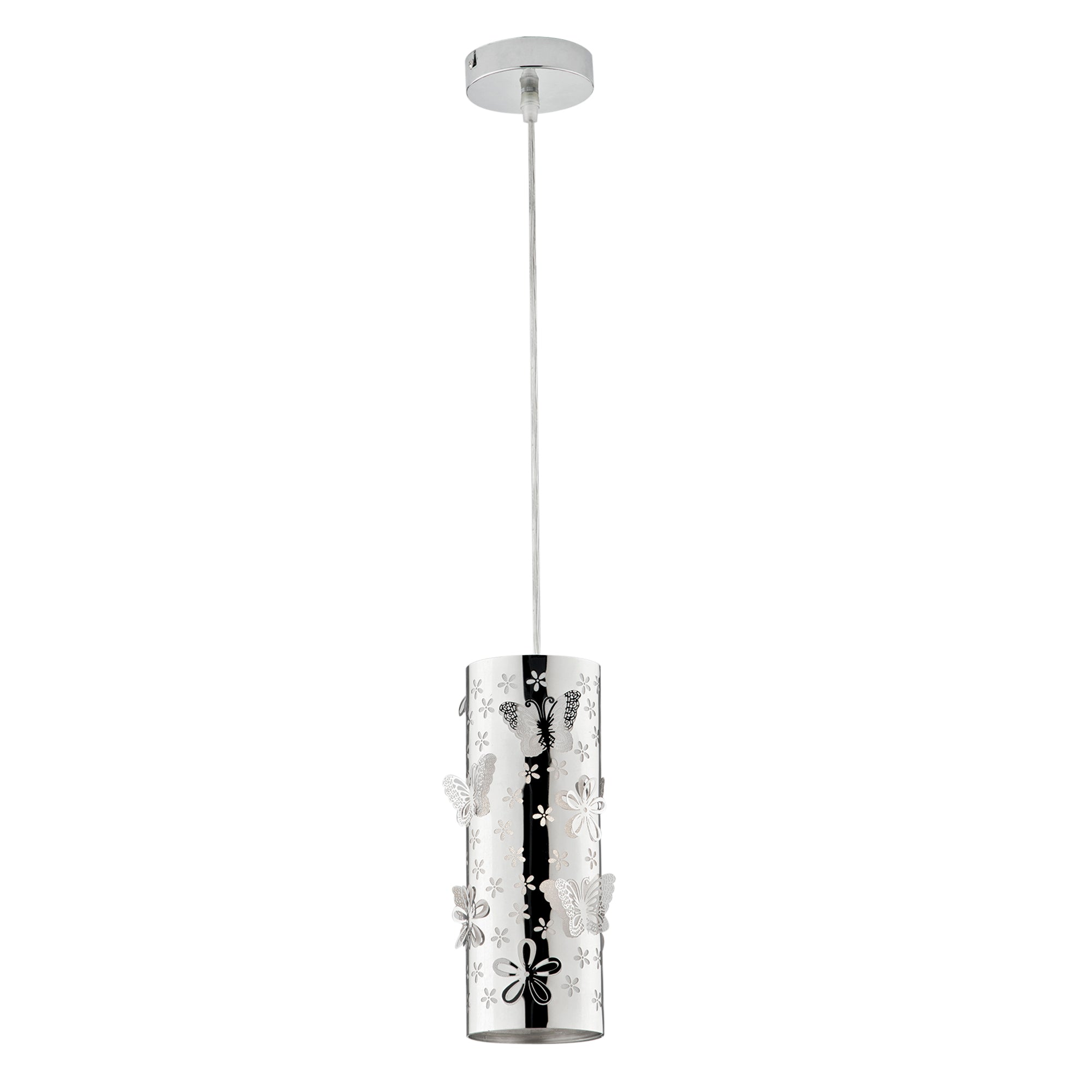 "Sospensione BUTTERFLY in acciaio cromato con decorazione laser 10 cm."