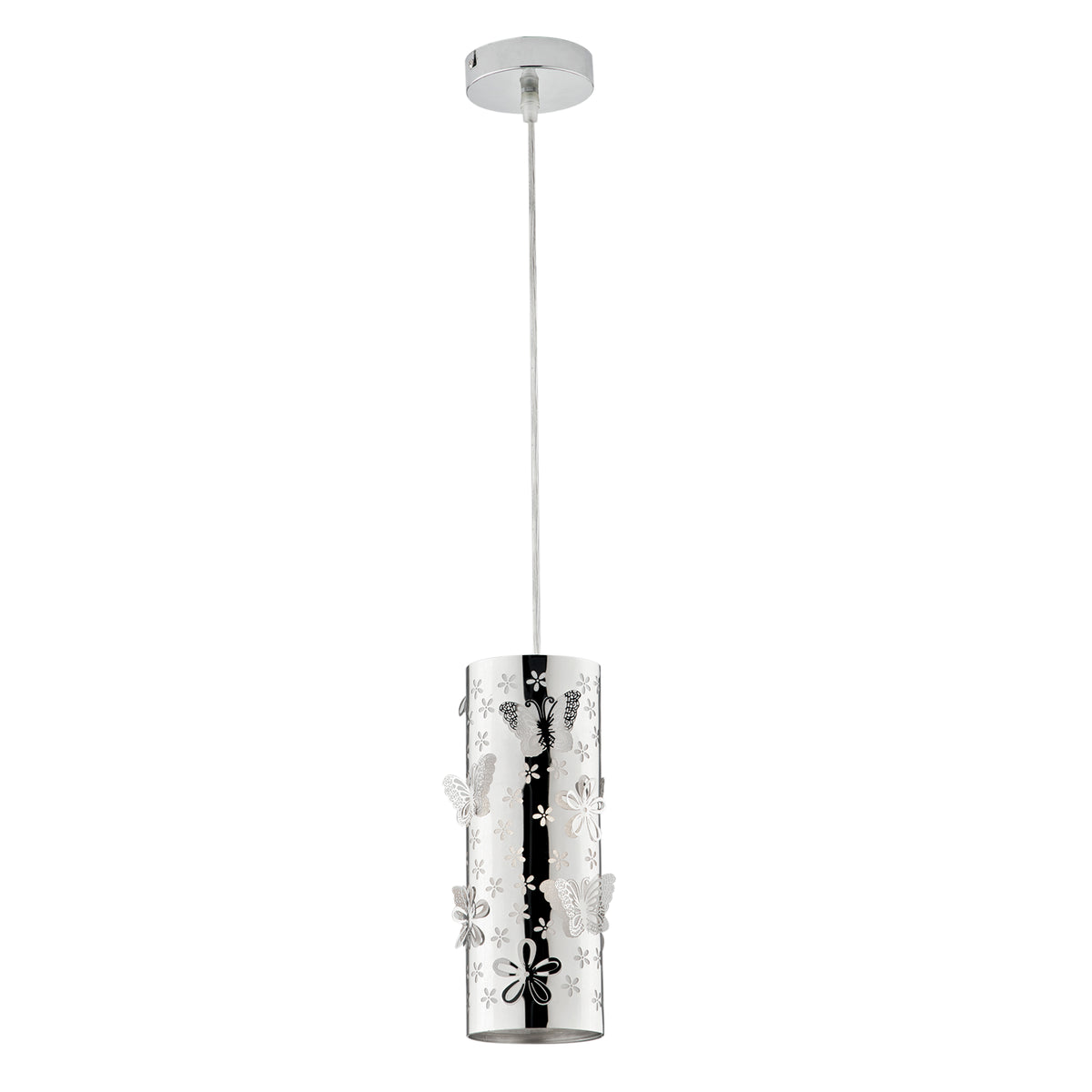 "Sospensione BUTTERFLY in acciaio cromato con decorazione laser 10 cm."
