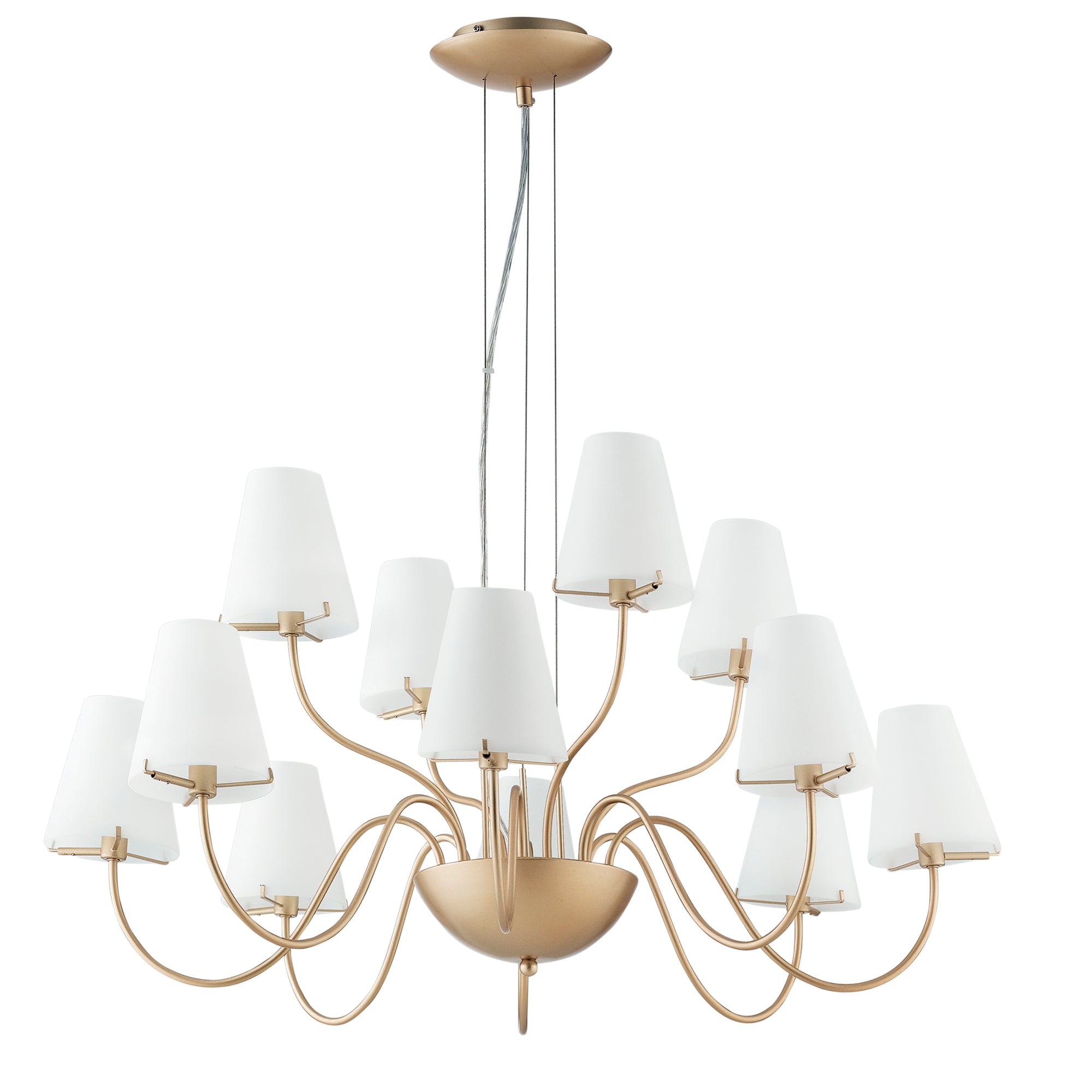 "Lampadario CANTO in metallo oro con dodici diffusori in vetro bianco"