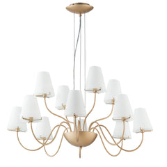 "Lampadario CANTO in metallo oro con dodici diffusori in vetro bianco"