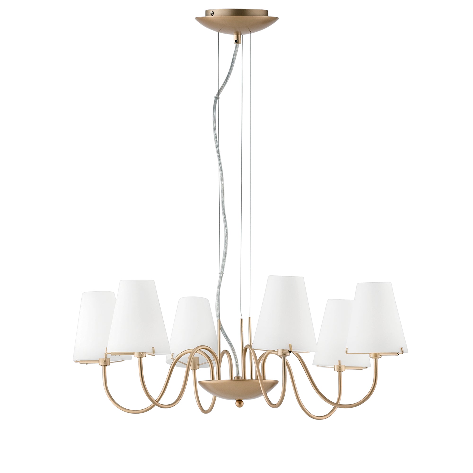 "Lampadario CANTO in metallo oro con sei diffusori in vetro bianco"