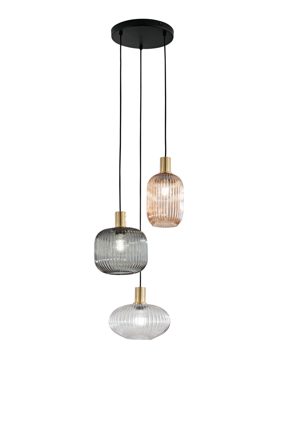 SOSPENSIONE EGADI NERO+SMOKE/AMBRA/TRASPARENTE IN METALLO E VETRO TRE PENDENTI E27 3X40W, MISURE LAMP. Dia14XH20CM, Dia20XH18CM, Dia25XH15CM MISURE STRUTT. 35x35x320CM