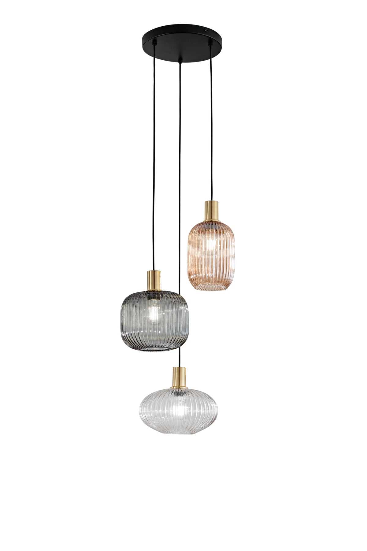 SOSPENSIONE EGADI NERO+SMOKE/AMBRA/TRASPARENTE IN METALLO E VETRO TRE PENDENTI E27 3X40W, MISURE LAMP. Dia14XH20CM, Dia20XH18CM, Dia25XH15CM MISURE STRUTT. 35x35x320CM