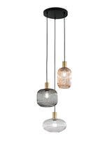 SOSPENSIONE EGADI NERO+SMOKE/AMBRA/TRASPARENTE IN METALLO E VETRO TRE PENDENTI E27 3X40W, MISURE LAMP. Dia14XH20CM, Dia20XH18CM, Dia25XH15CM MISURE STRUTT. 35x35x320CM