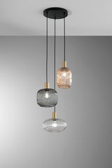 SOSPENSIONE EGADI NERO+SMOKE/AMBRA/TRASPARENTE IN METALLO E VETRO TRE PENDENTI E27 3X40W, MISURE LAMP. Dia14XH20CM, Dia20XH18CM, Dia25XH15CM MISURE STRUTT. 35x35x320CM