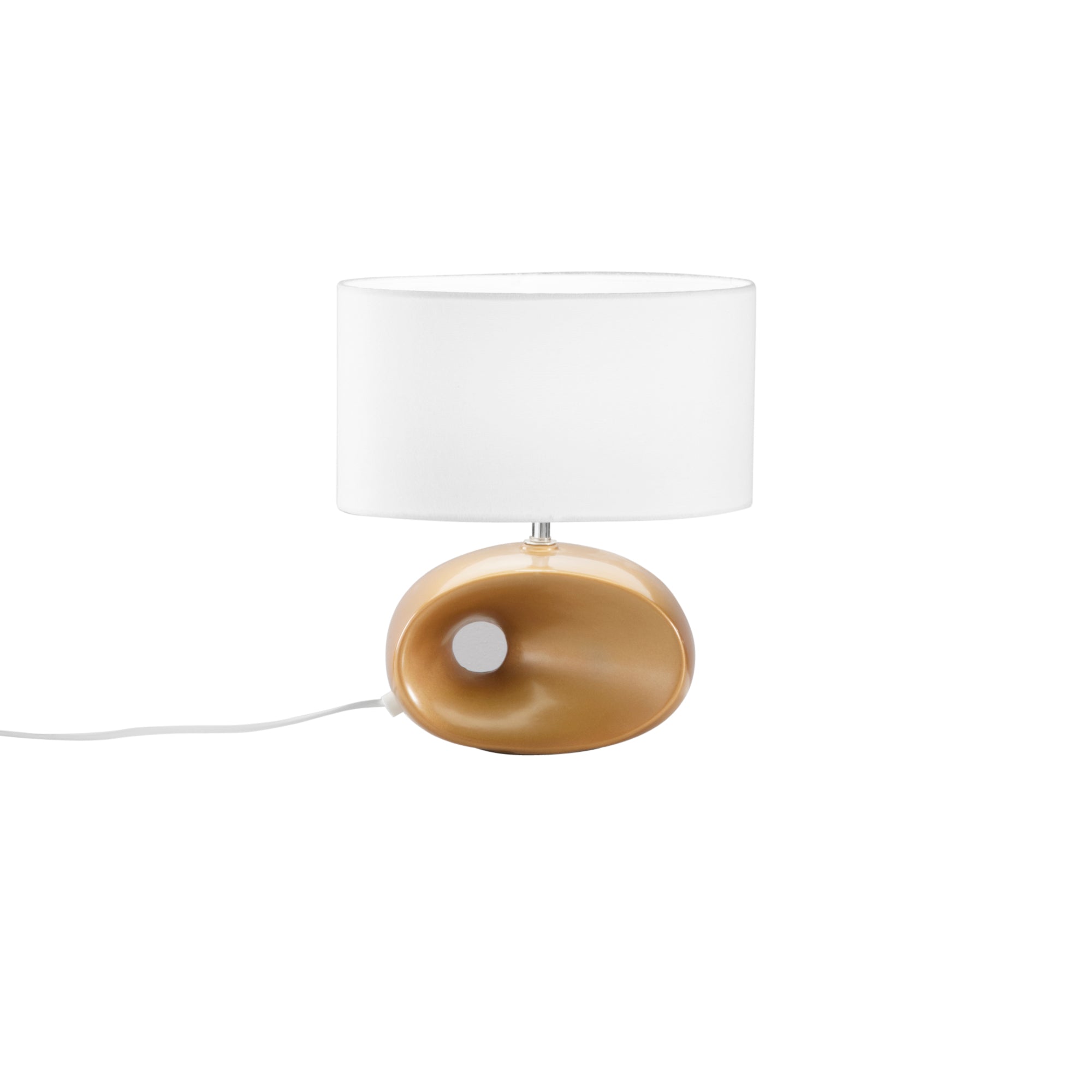 "Lampada da tavolo EOLO in ceramica dorata con paralume in tessuto bianco"