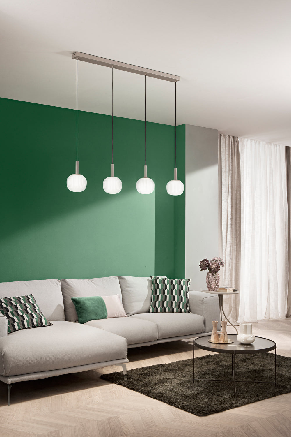 SOSPENSIONE ERIS BIANCO E MARRONE QUATTRO PENDENTI IN ALLUMINIO+VETRO 4XE14 114X16X150CM