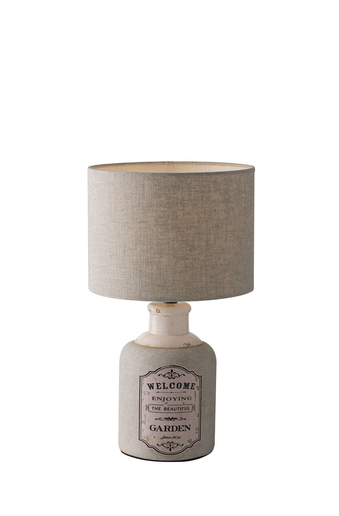 "Lampada da tavolo FACTORY in ceramica decorta con paralume in tessuto beige 43 cm."