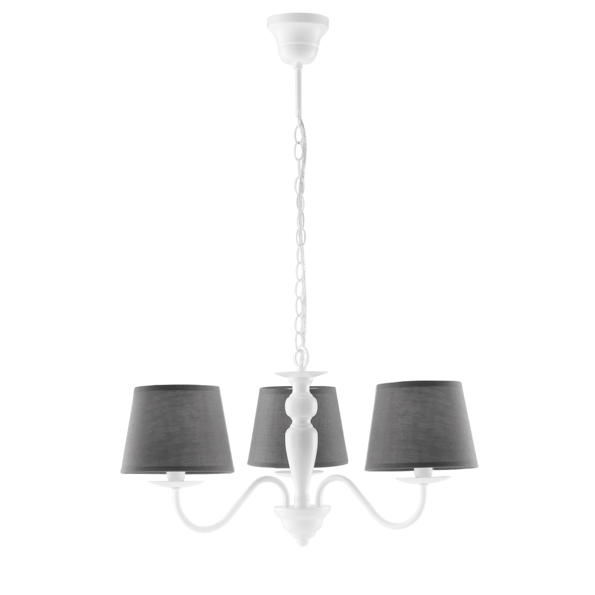 "Lampadario FAVOLA in metallo bianco con tre paralumi in tessuto grigio"