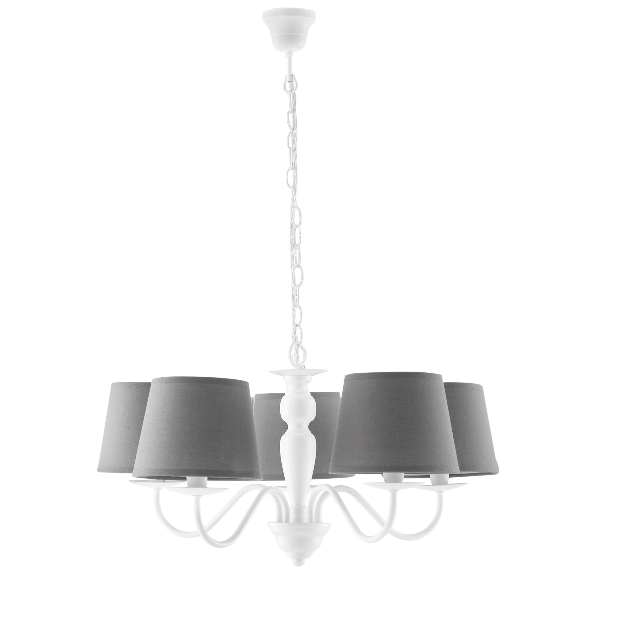 "Lampadario FAVOLA in metallo bianco con cinque paralumi in tessuto grigio"