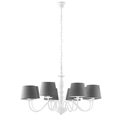 "Lampadario FAVOLA in metallo bianco con otto paralumi in tessuto grigio"