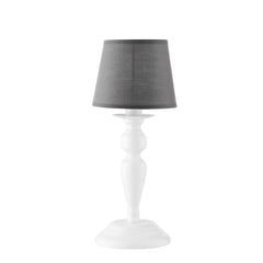 "Lampada da tavolo FAVOLA in metallo bianco con paralume in tessuto grigio"