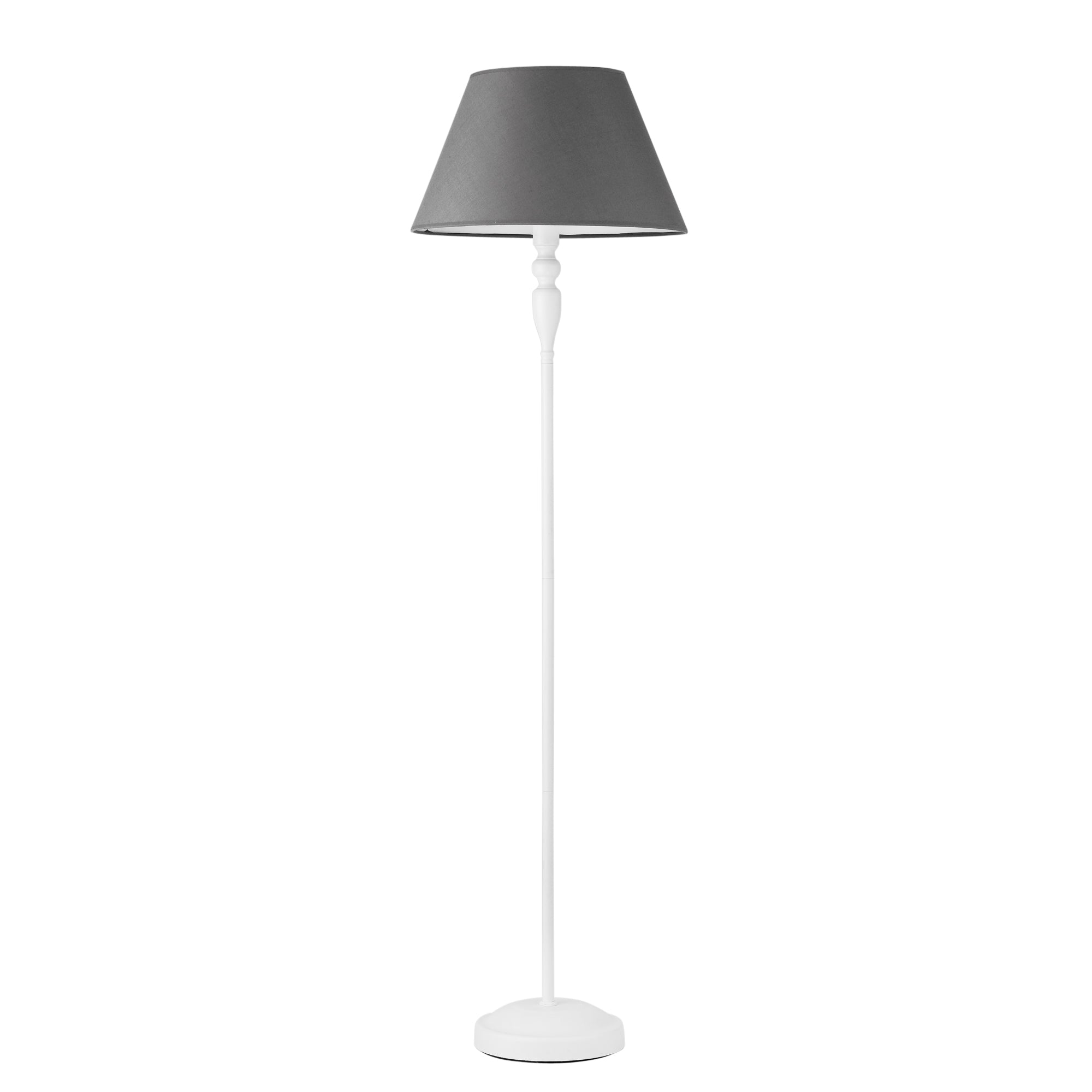 "Piantana FAVOLA in metallo bianco con paralume in tessuto grigio"