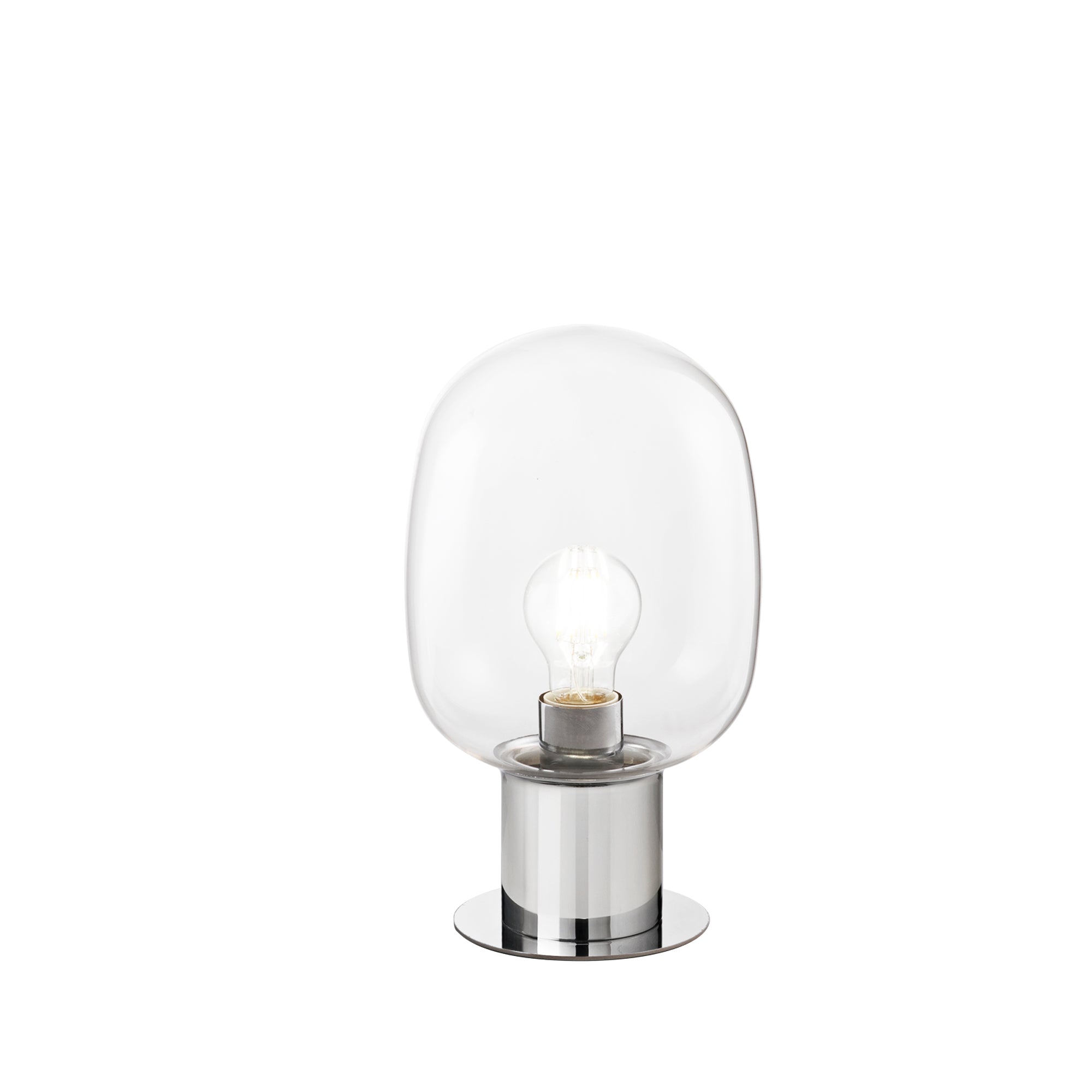 "Lampada da tavolo FELLINI in metallo cromato con diffusore in vetro 18 cm."