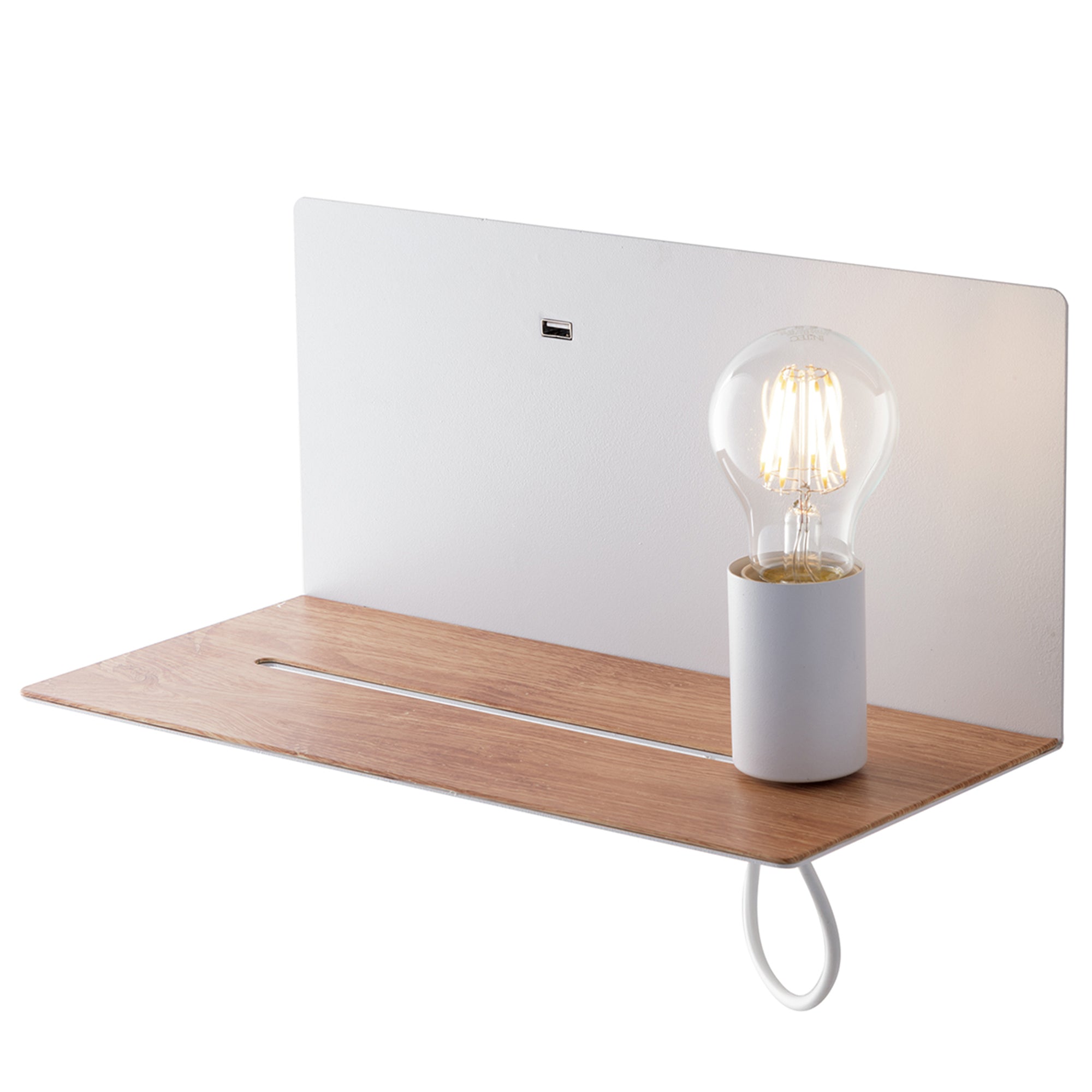 "Applique FLASH in metallo bianco su mensola in legno con presa USB e punto luce mobile"
