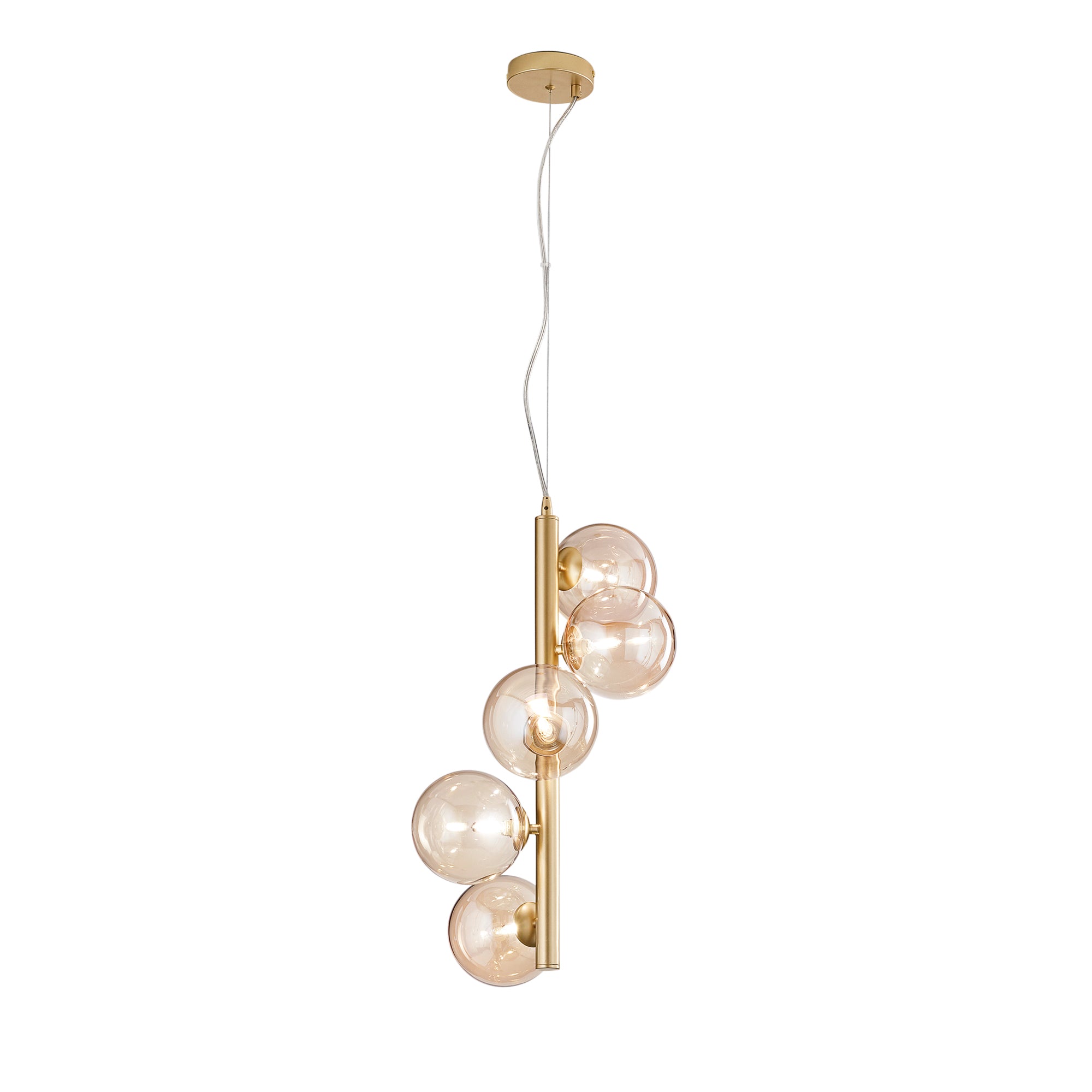 "Sospensione HONEY in metallo ottone con cinque diffusori in vetro champagne"