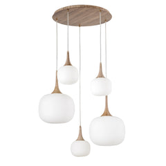 "Sospensione JAIPUR in metallo color legno e cinque diffusori in vetro bianco"