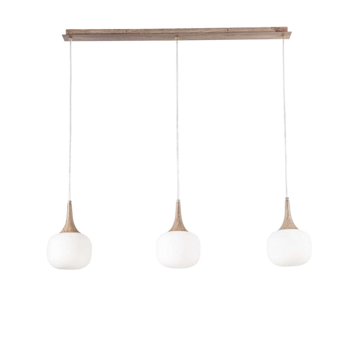 "Sospensione lineare JAIPUR in metallo color legno e tre diffusori in vetro bianco"