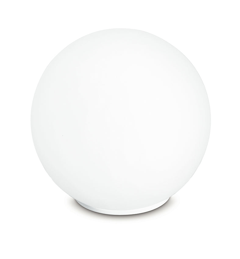 "Lampada da tavolo CITY in metallo cromato e diffusore a sfera bianco 20 cm."