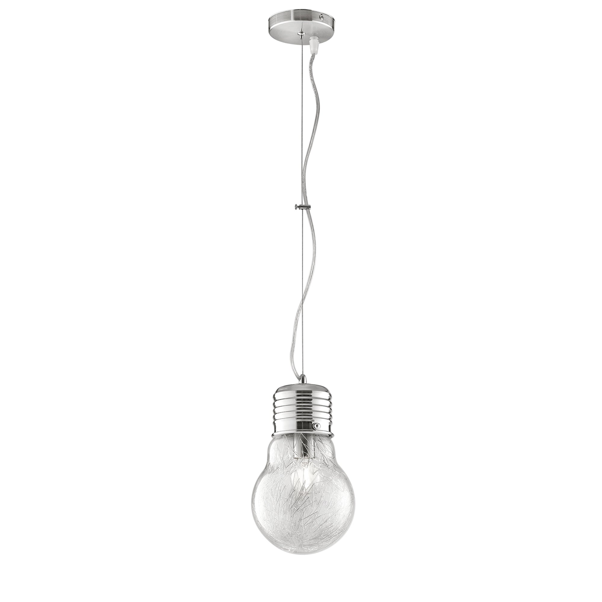 "Sospensione LAMPADINA in alluminio cromato e diffusore in vetro 15 cm."