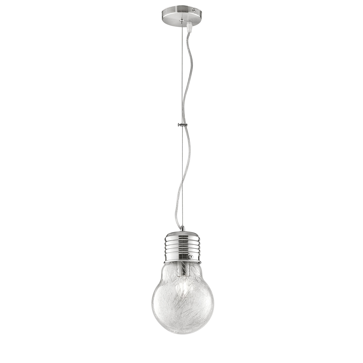 "Sospensione LAMPADINA in alluminio cromato e diffusore in vetro 15 cm."