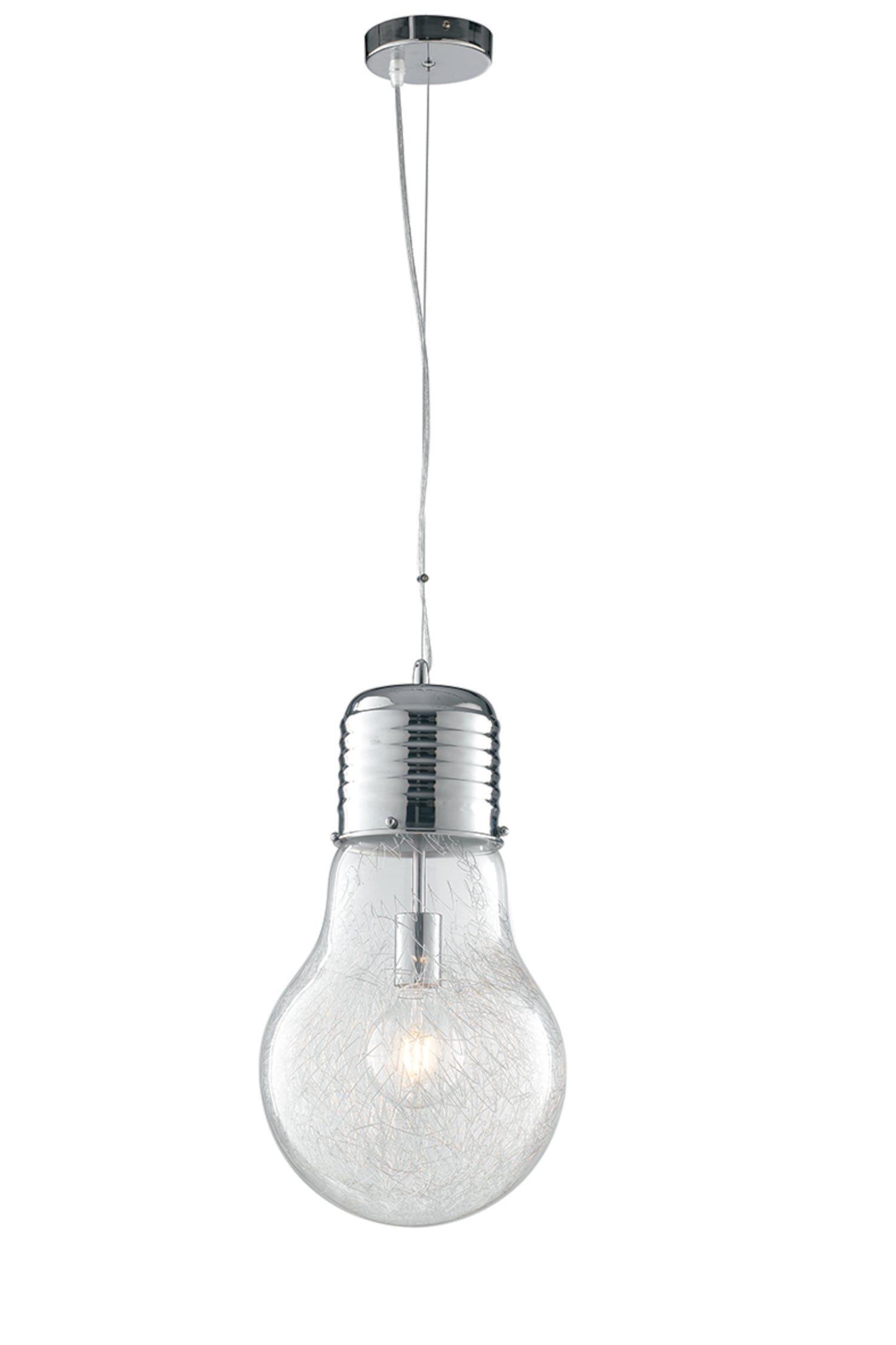 "Sospensione LAMPADINA in alluminio cromato e diffusore in vetro 30 cm."