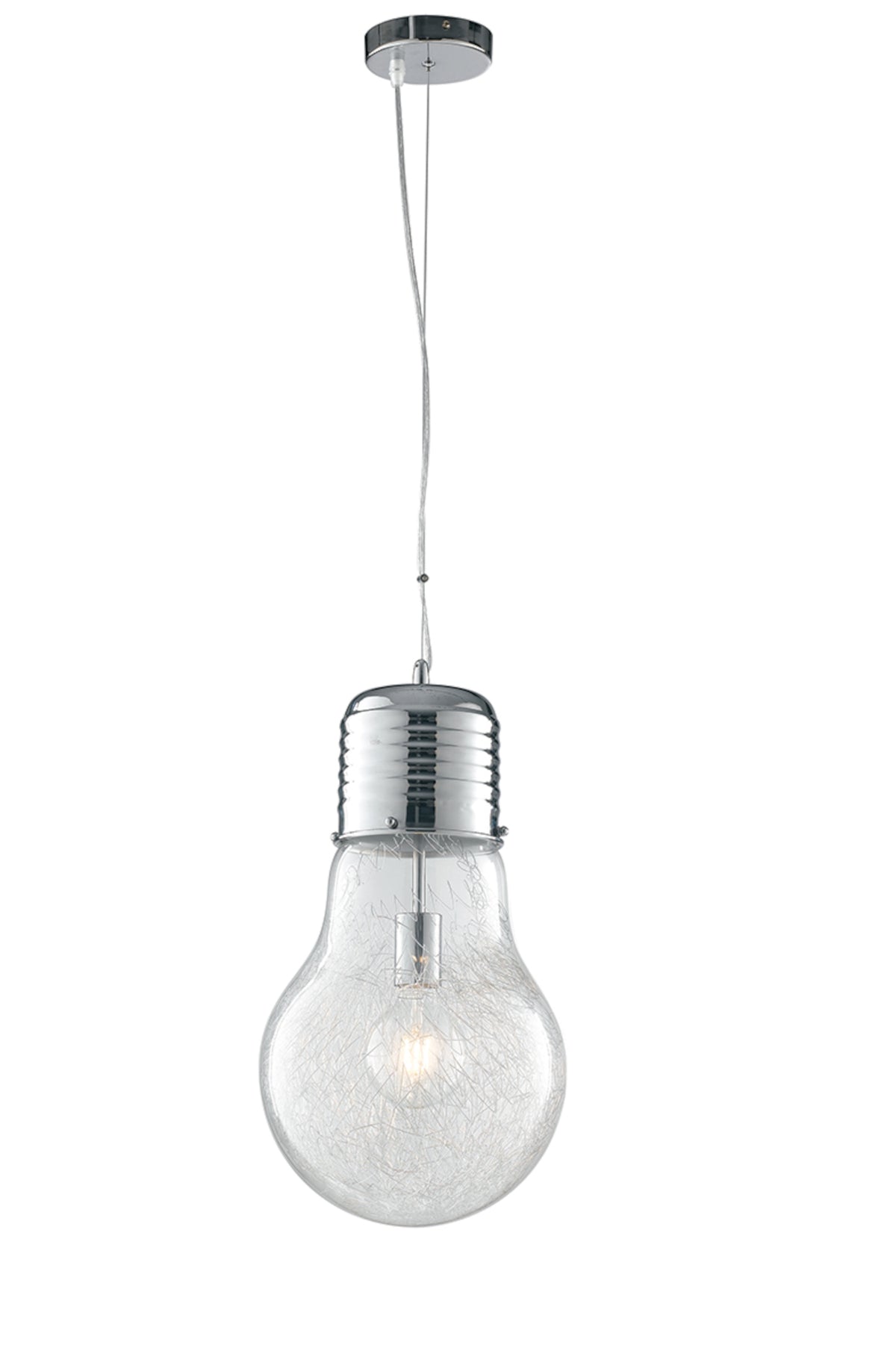 "Sospensione LAMPADINA in alluminio cromato e diffusore in vetro 30 cm."