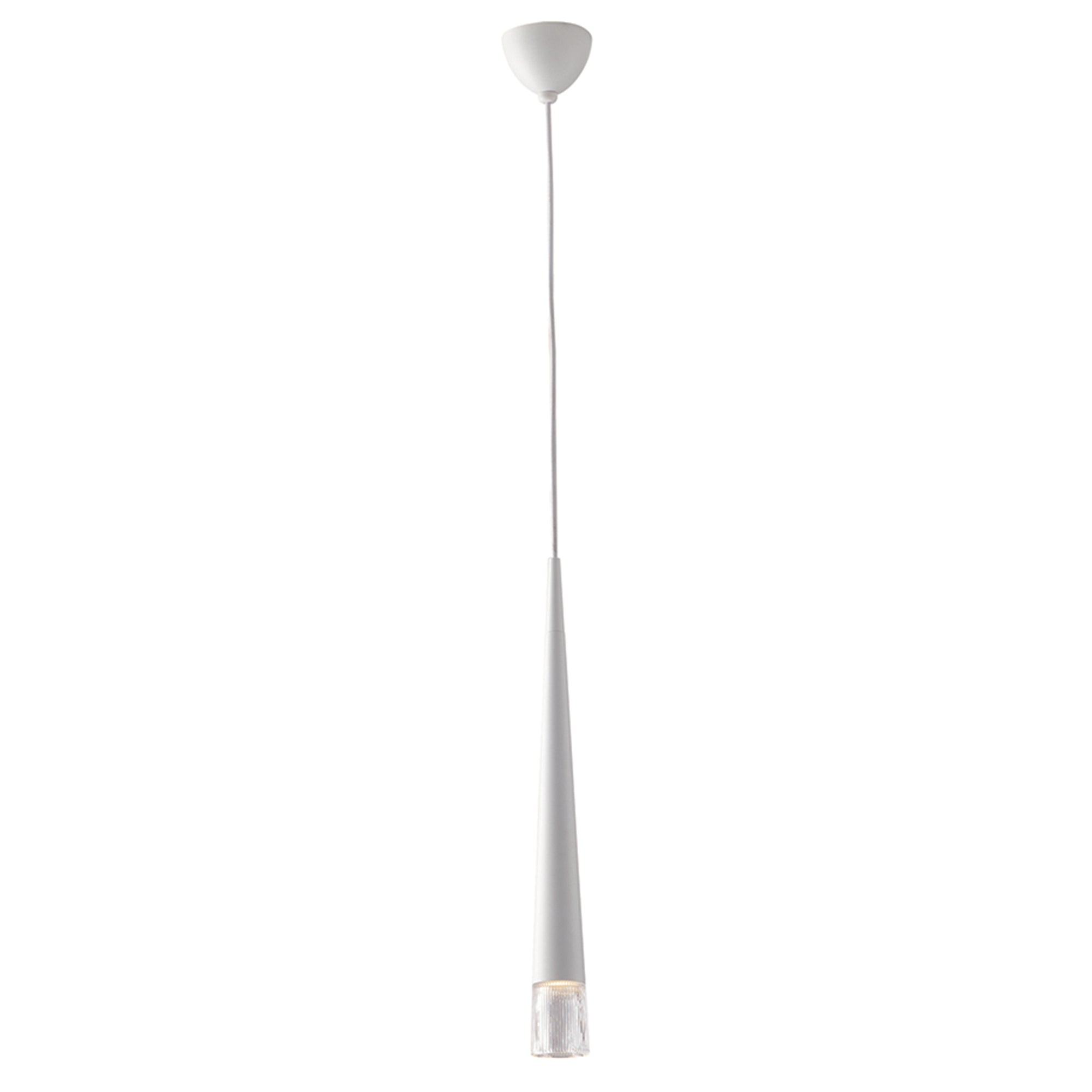 "Sospensione LANCELOT conica in metallo bianco con diffusore in vetro."
