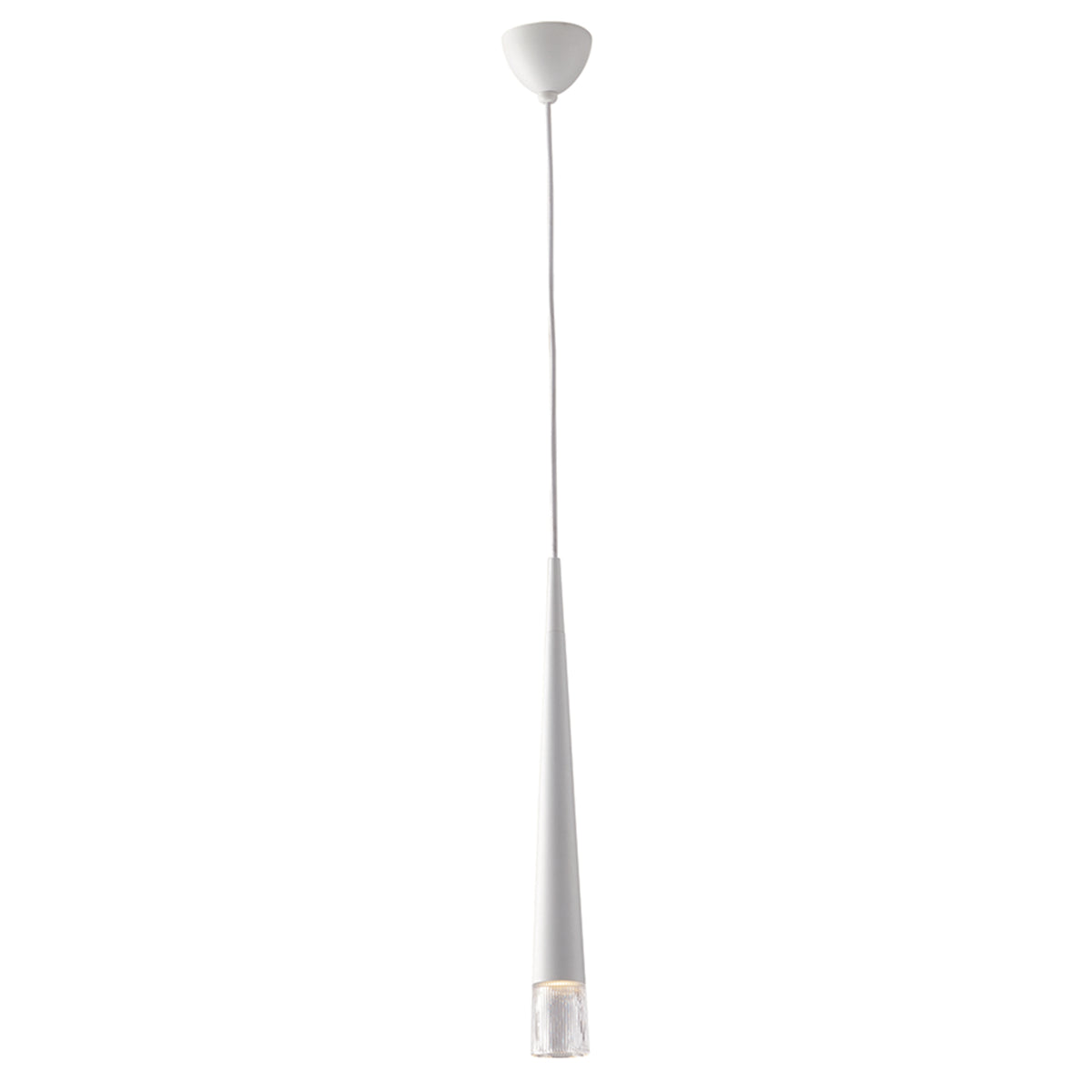 "Sospensione LANCELOT conica in metallo bianco con diffusore in vetro."