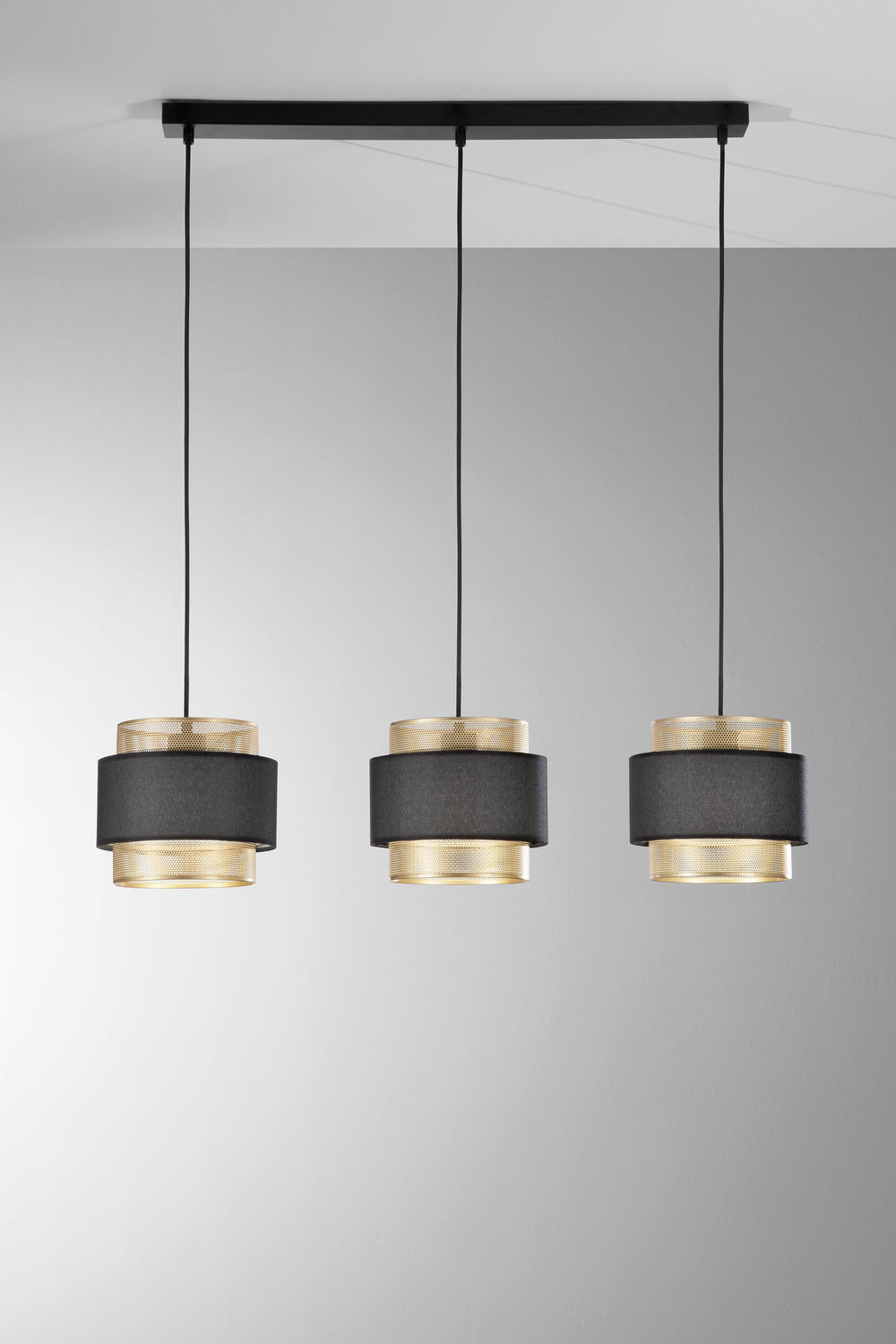 SOSPENSIONE LOUNGE TRE PENDENTI ORO E NERO IN METALLO 3XE27 85X21X200CM