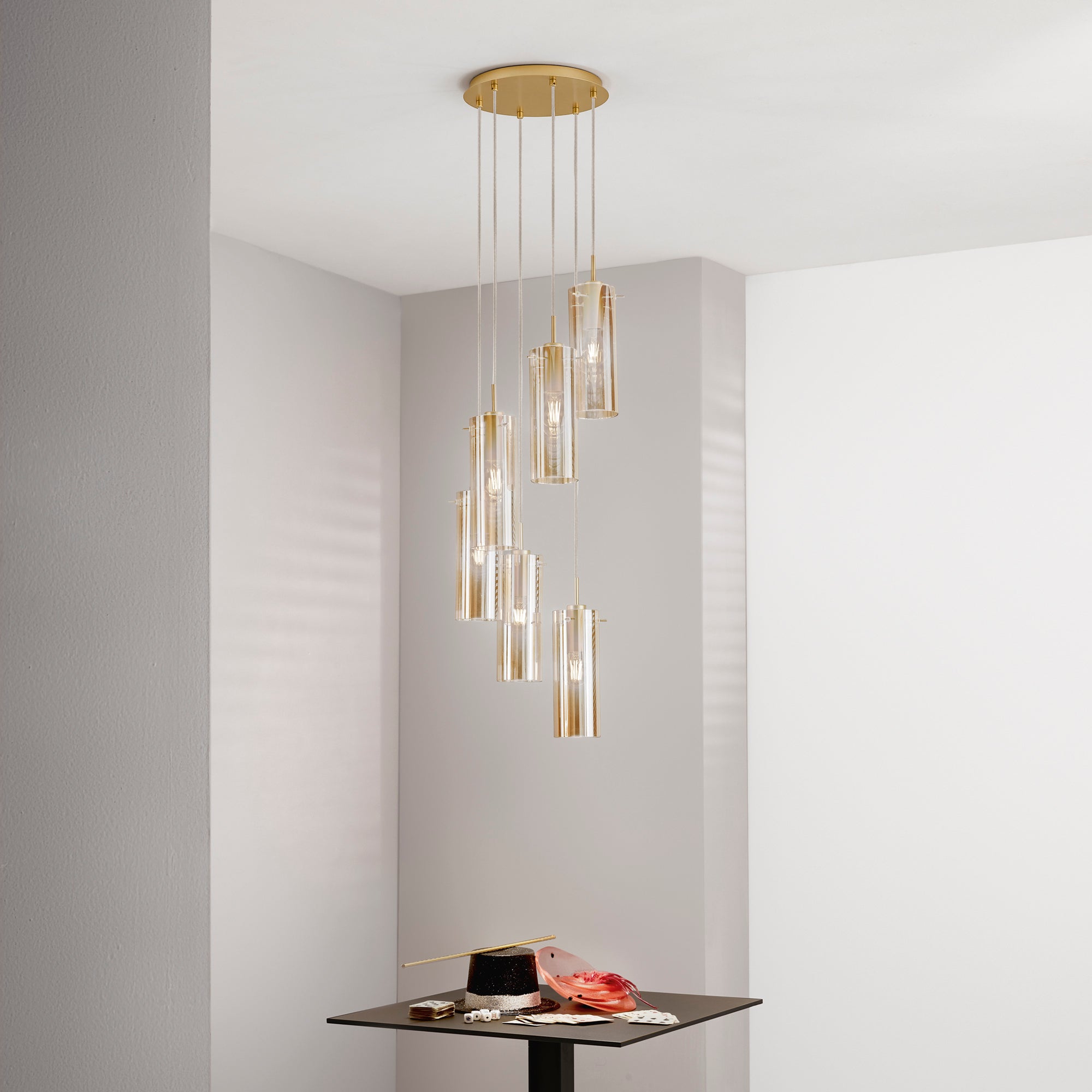 SOSPENSIONE MAGIC ORO/AMBRA 6XE27 35X35X150CM
