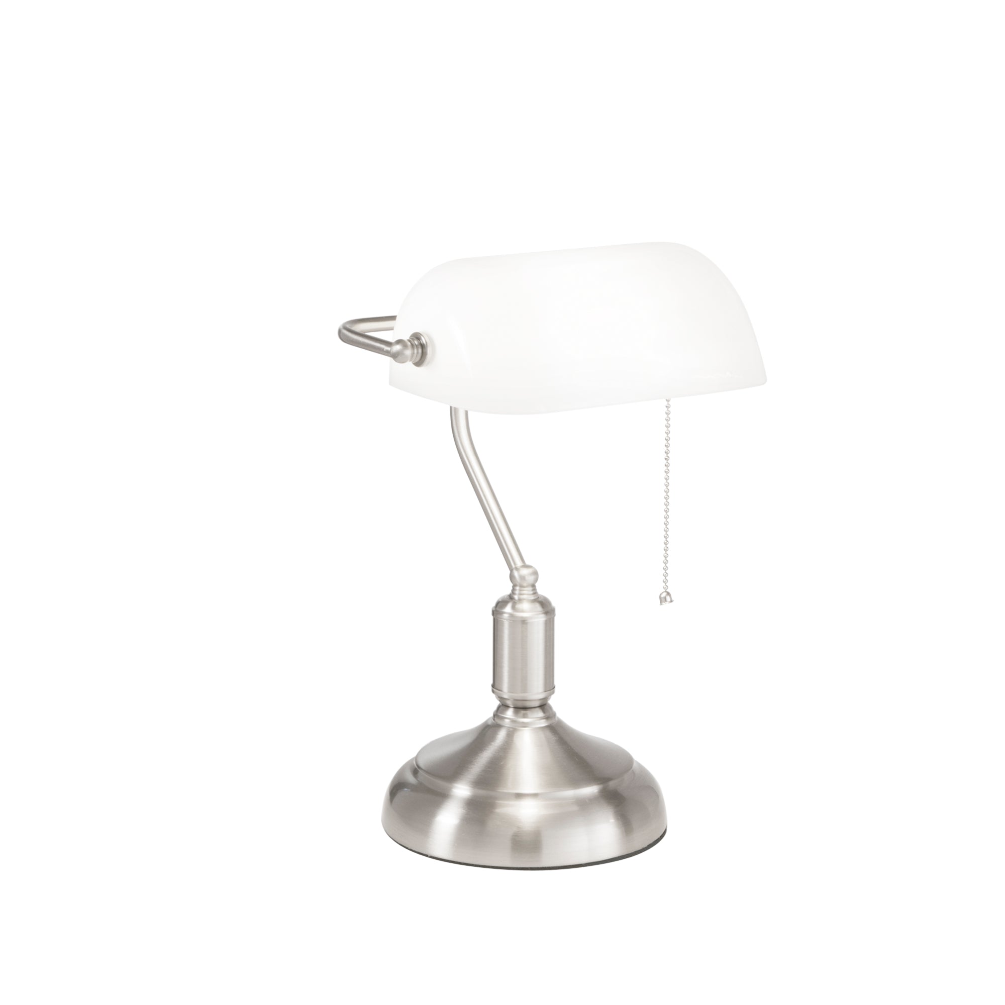 "Lampada da tavolo MARSHALL in metallo nichel con diffusore in vetro bianco"
