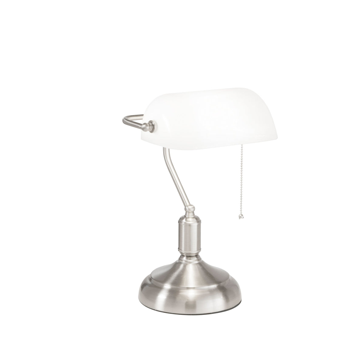 "Lampada da tavolo MARSHALL in metallo nichel con diffusore in vetro bianco"