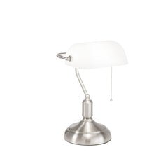 "Lampada da tavolo MARSHALL in metallo nichel con diffusore in vetro bianco"