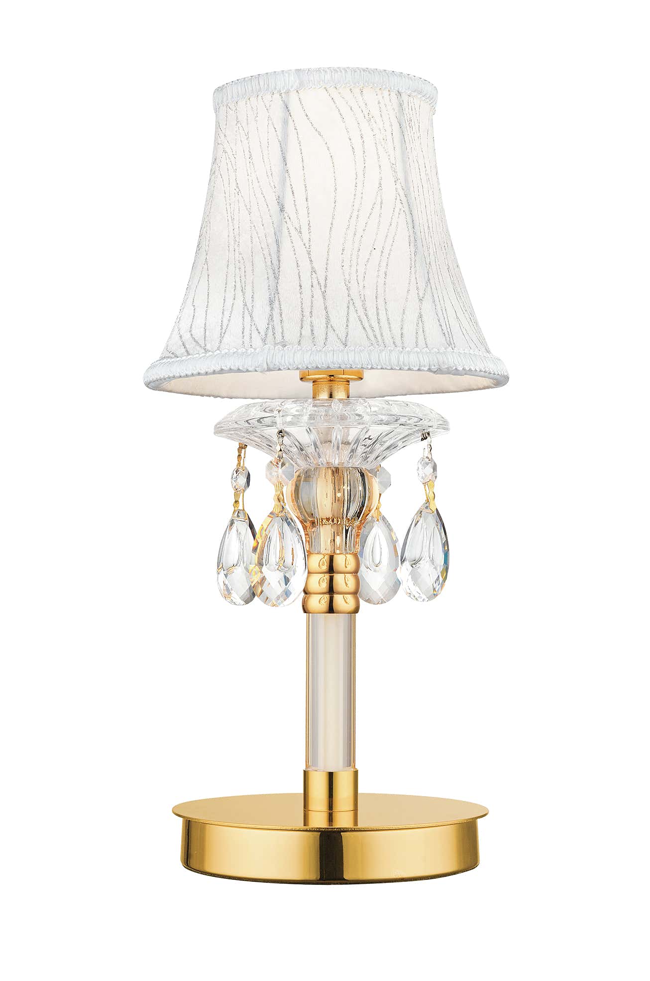 "Lampada da tavolo MONET in vetro e cristallo oro e paralume in tessuto h 38 cm."