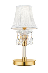 "Lampada da tavolo MONET in vetro e cristallo oro e paralume in tessuto h 38 cm."