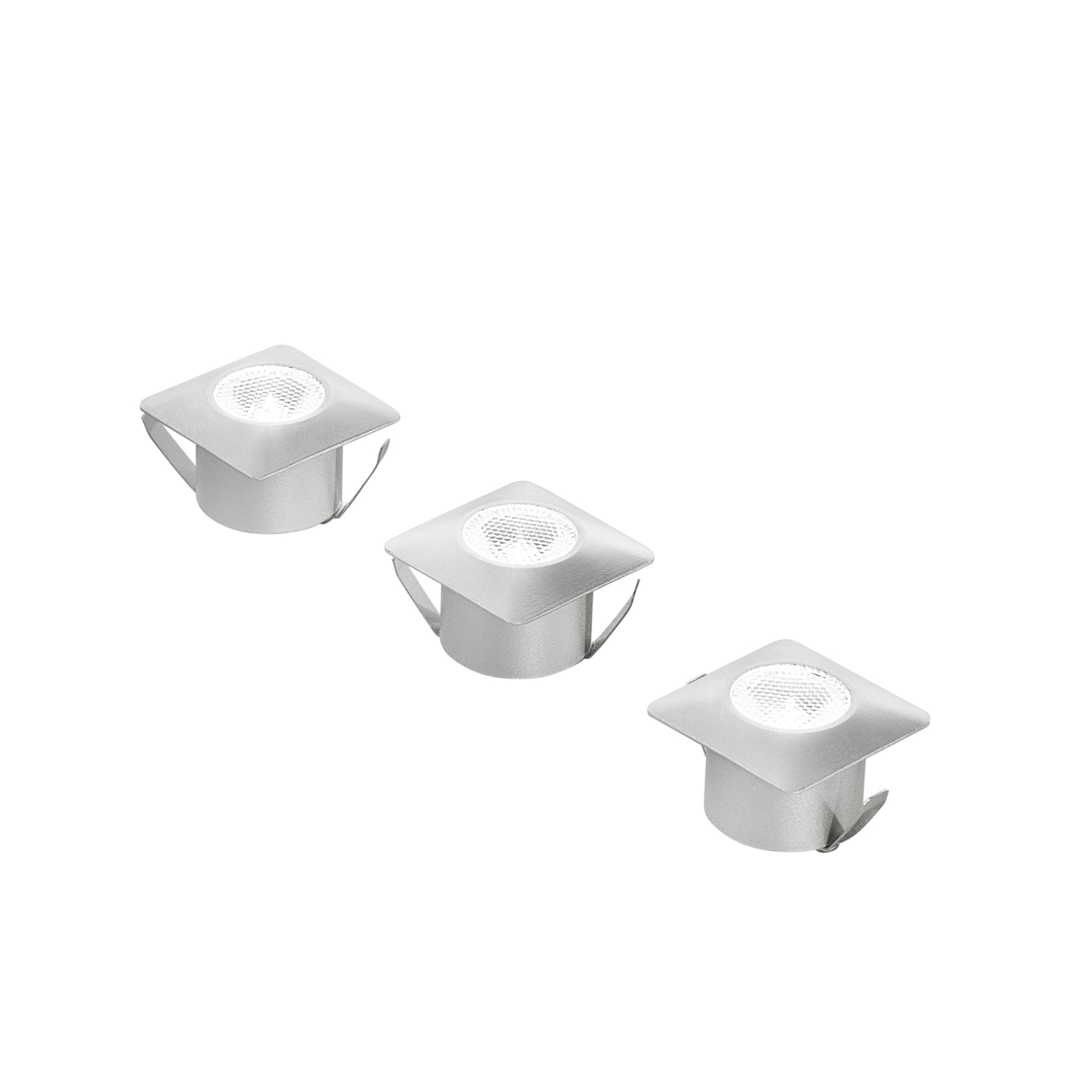 "Kit 3 incassi LED ASSO 1,2W quadrati in alluminio argentato con accessori"