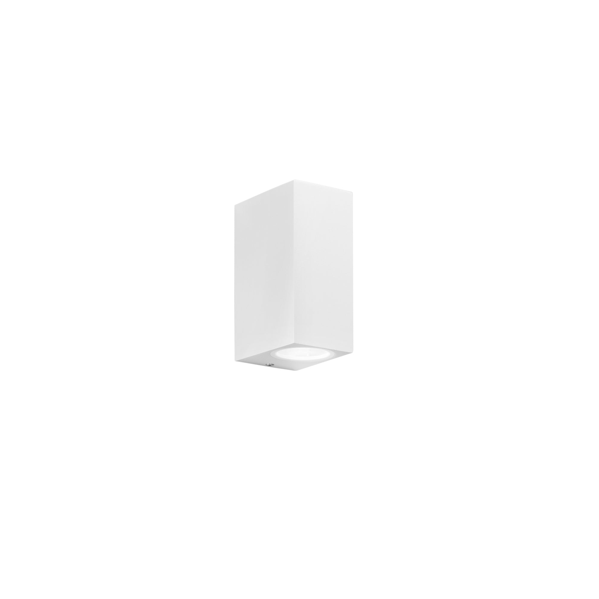"Applique da esterno QUBO in alluminio bianco con luce biemissione h 151mm."
