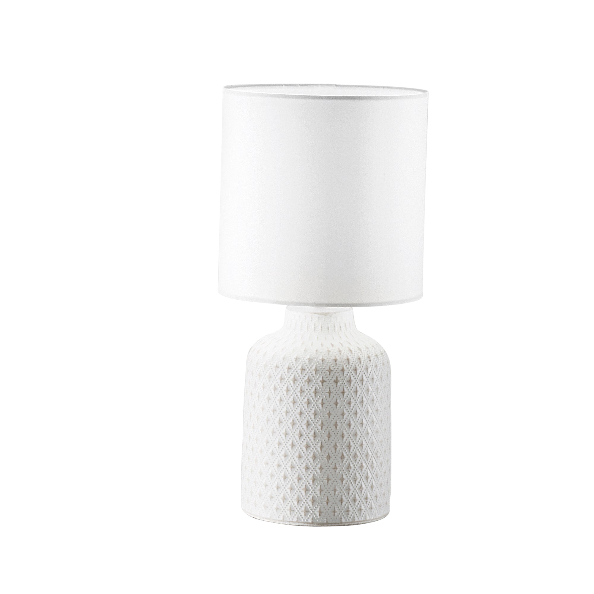 "Lampada da tavolo RAVELLO in ceramica bianca con paralume in tessuto"